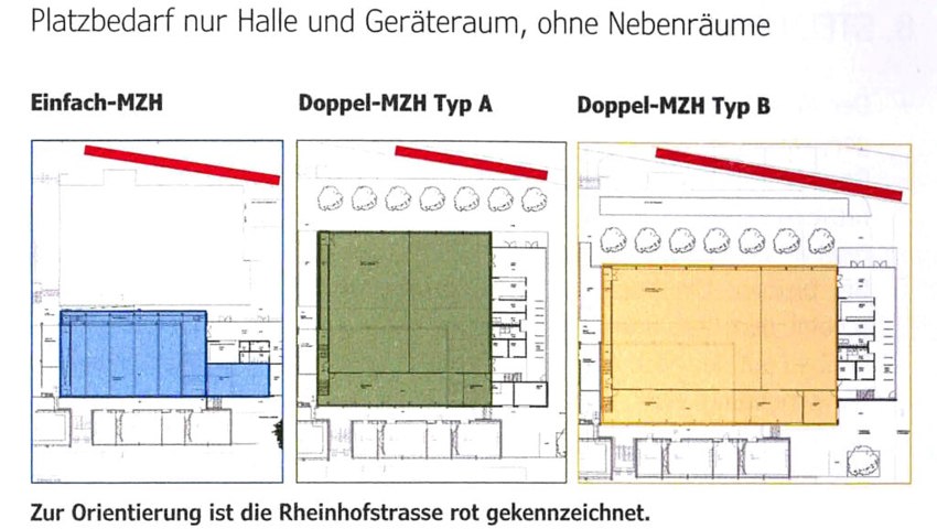  Für eine Doppelhalle müsste der rote Hartplatz weichen, da sie deutlich mehr Platz benötigt. Grafik: PD
