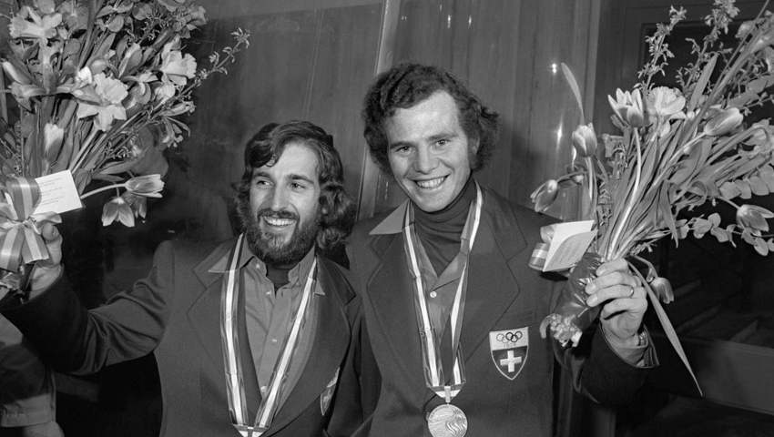 Olympiasieger Heini Hemmi und der Flumserberger Ernst Good (rechts) nach dem Doppelerfolg 1976.