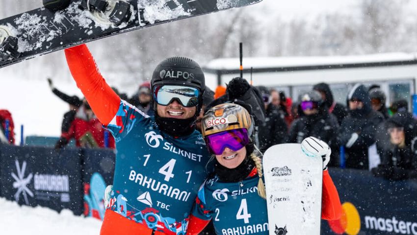  Schon im Zielraum feiern Julie Zogg und Dario Caviezel ihre Bronzemedaille. 