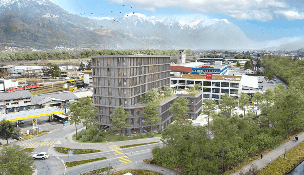  Visualisierung des Tower-Projektes am südlichen Eingang von Buchs. 