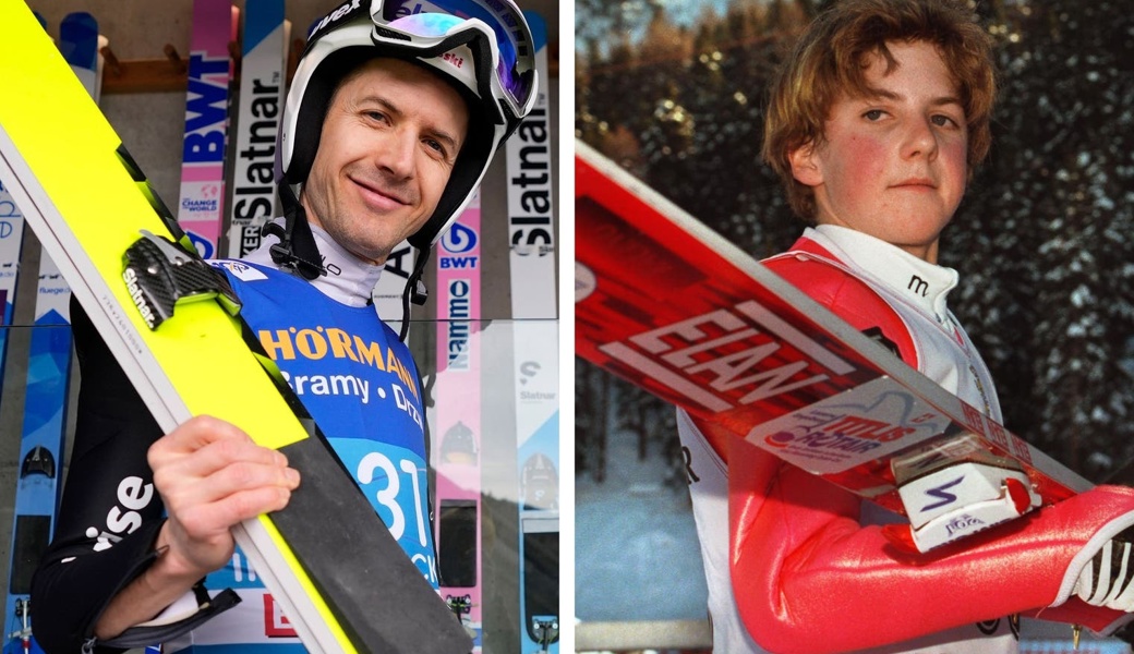 Simon Ammann im vergangenen Winter in Innsbruck – und Simon Ammann 1998 als 16-Jähriger in St. Moritz. 