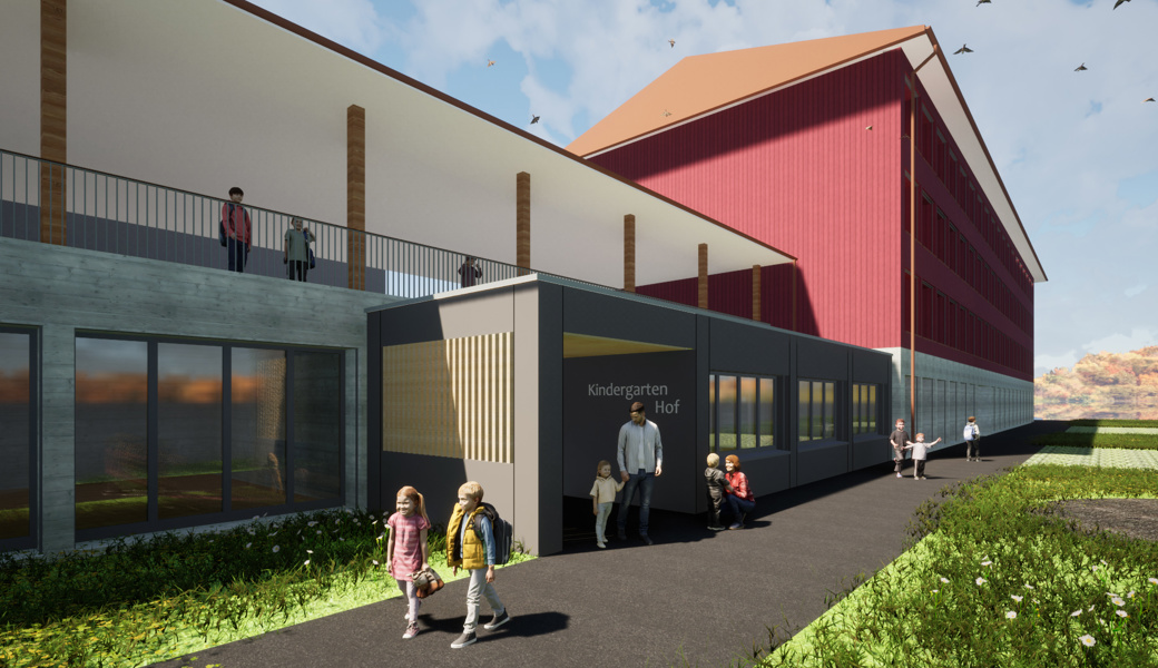 Visualisierung der geplanten Erweiterung des Kindergartens beim Schulhaus Hof.