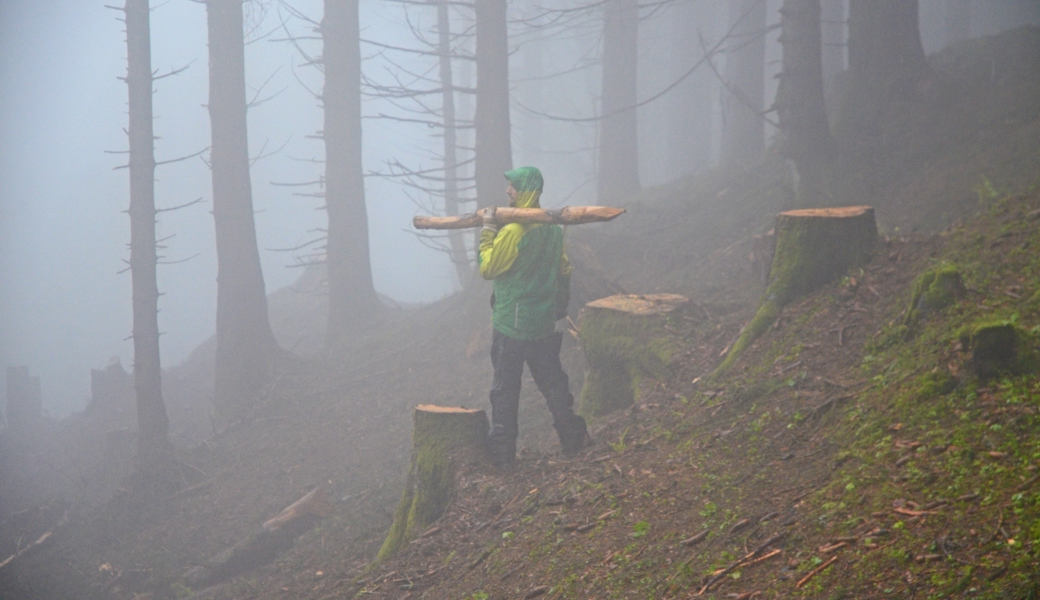 Im dichten Nebel und strömenden Regen im Einsatz: Freiwillige des Bergwaldprojekts bauen Schutzzäune um gepflanzte Bäume.