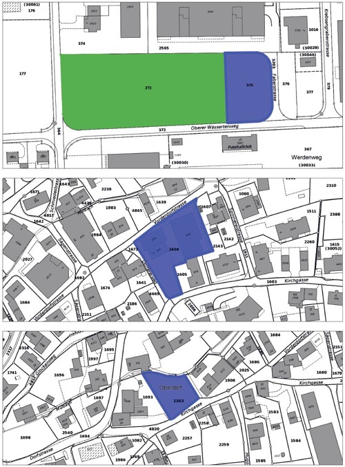 Die Parz. Nr. 373 (grün) wird an die A. Gantenbein Holzbau AG übertragen. Im Gegenzug erhält die Politische Gemeinde Grabs die Grundstücke Nr. 375, 1604 und 2363 (blau).