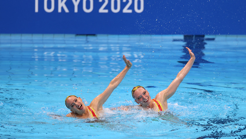 Lara Mechnig im Duett mit Marluce Schierscher an den Olympischen Spielen 2020 in Tokio.