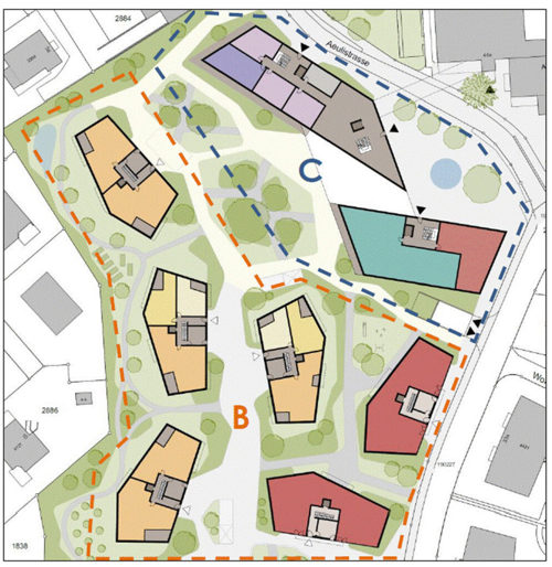  Die Erweiterung des Hauses Wieden ist im Feld C geplant, der «Wohnteppich» mit sechs Gebäuden im Feld B. Ganz oben rechts ist ein Teil des Hauses Wieden zu sehen. 