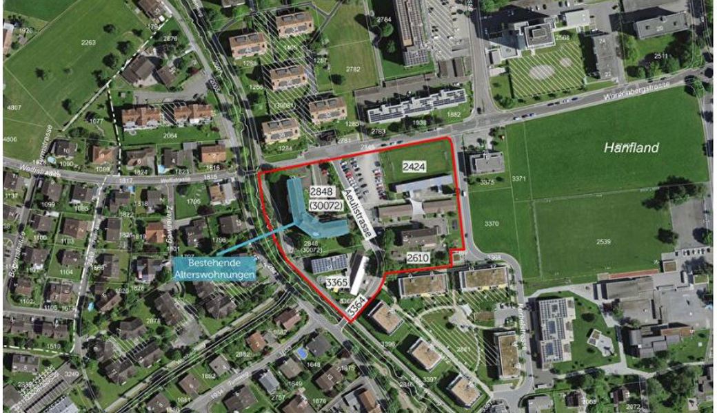  Luftansicht der Strassen- und Bauplanung: Auswirkung des Teilzonenplans «Umlegung Aeulistrasse».