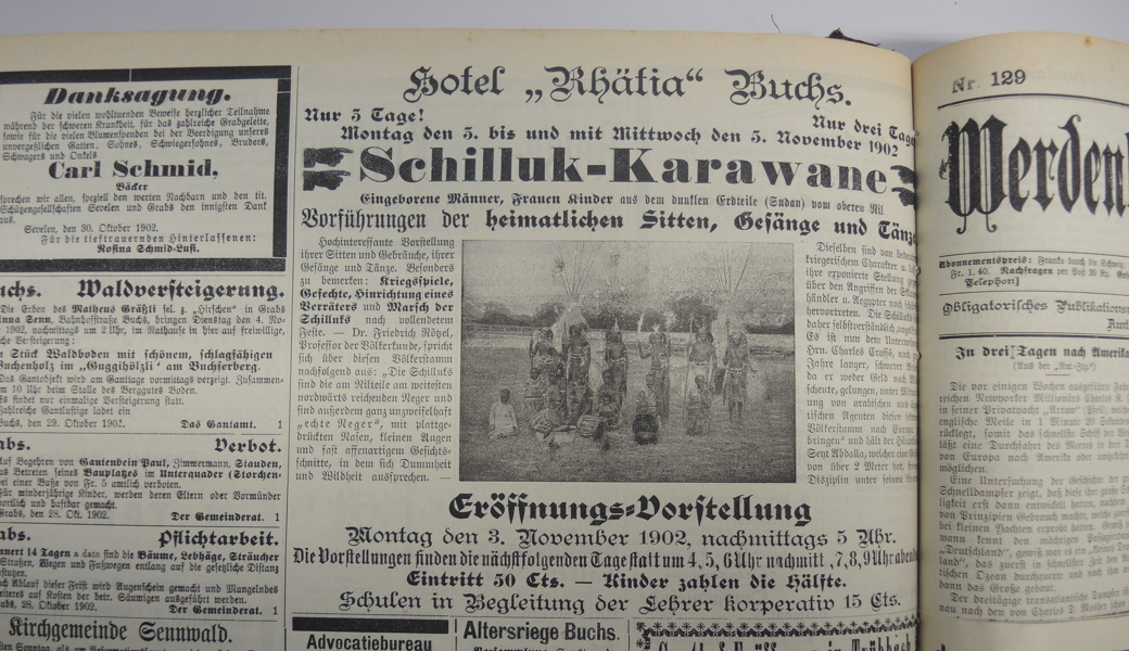Zur Schau gestellte Menschen aus fremden Ländern: Inserat im W&O von 1902.