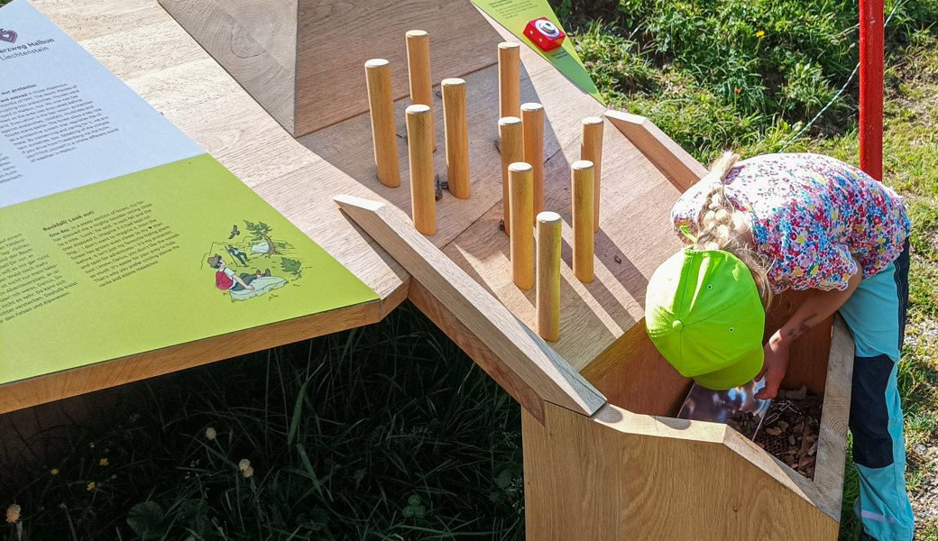 Frische Luft und viel Spass auf dem Alpherzweg: Kinder können selbst Hand anlegen, etwa beim Modell zur Schutzfunktion des Waldes.