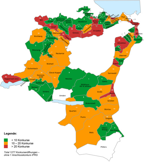 Konkurseröffnungen 2025 in den Politischen Gemeinden des Kantons St.Gallen.