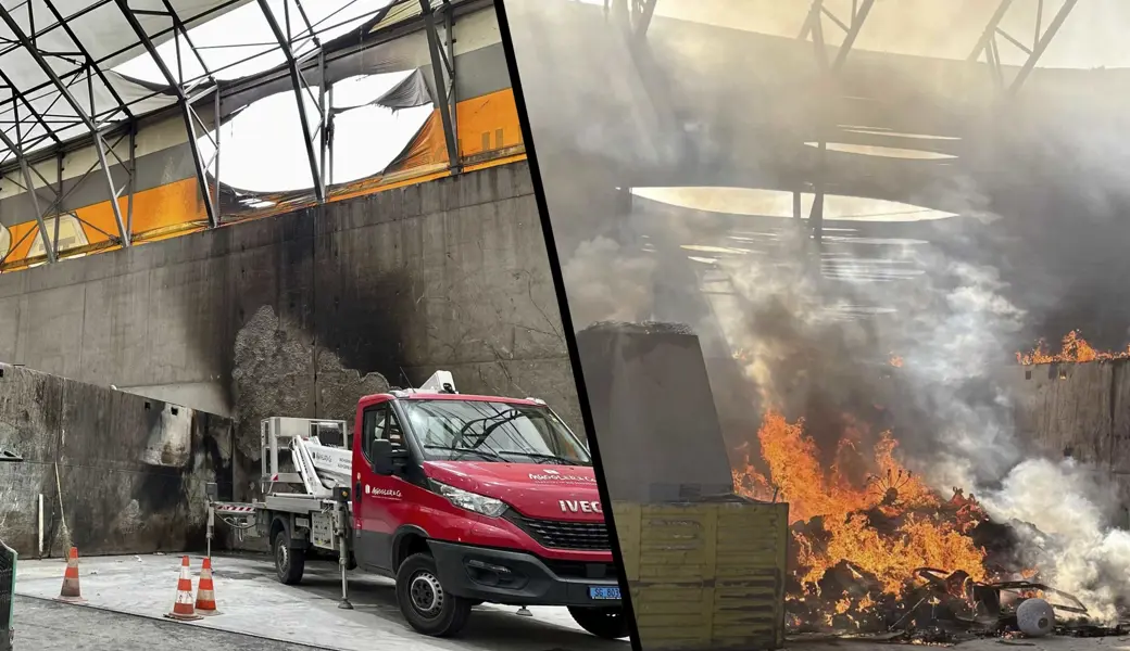 Die zwei Brände waren sich sowohl im Verlauf als auch Umfang recht ähnlich: Links der Schaden im Thür Entsorgungspark in Altstätten, fotografiert am Tag danach, rechts der Brand in der Verwert AG in Au.