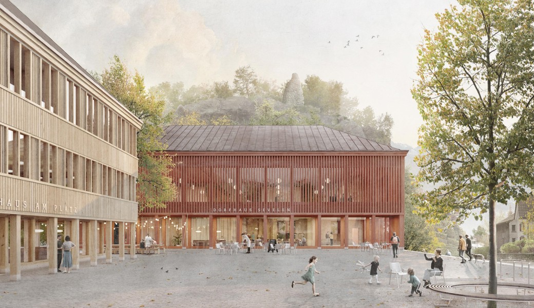 Blick von der Hauptstrasse auf den Dorfplatz in Richtung Restaurant, Gemeindesaal und Storchenbüel.