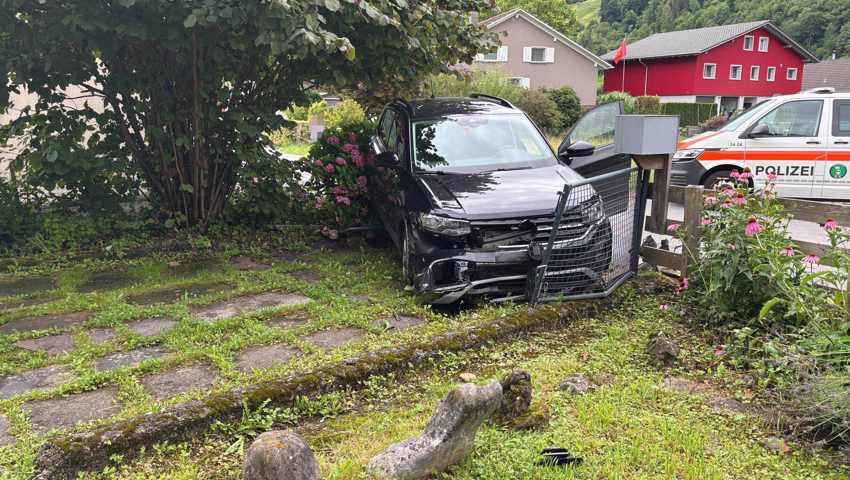 Das Auto kam im Garten zum Stillstand.