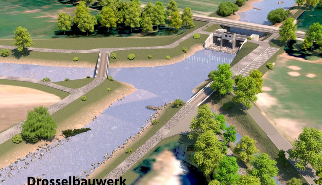  Die Visualisierung zeigt, wie das Drosselwerk bei den drei Brücken in Balgach aussehen könnte. Dieses ist notwendig, um die Hochwassersicherheit am Rheintaler Binnenkanal zu gewährleisten. 