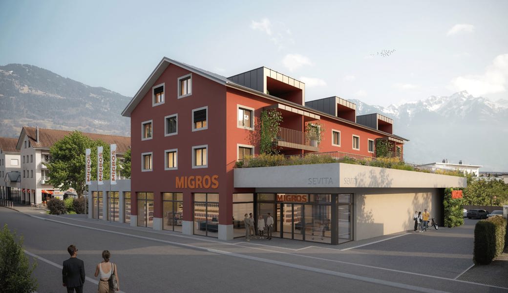 So soll der Neubau mit dem Migros im Erdgeschoss aussehen.