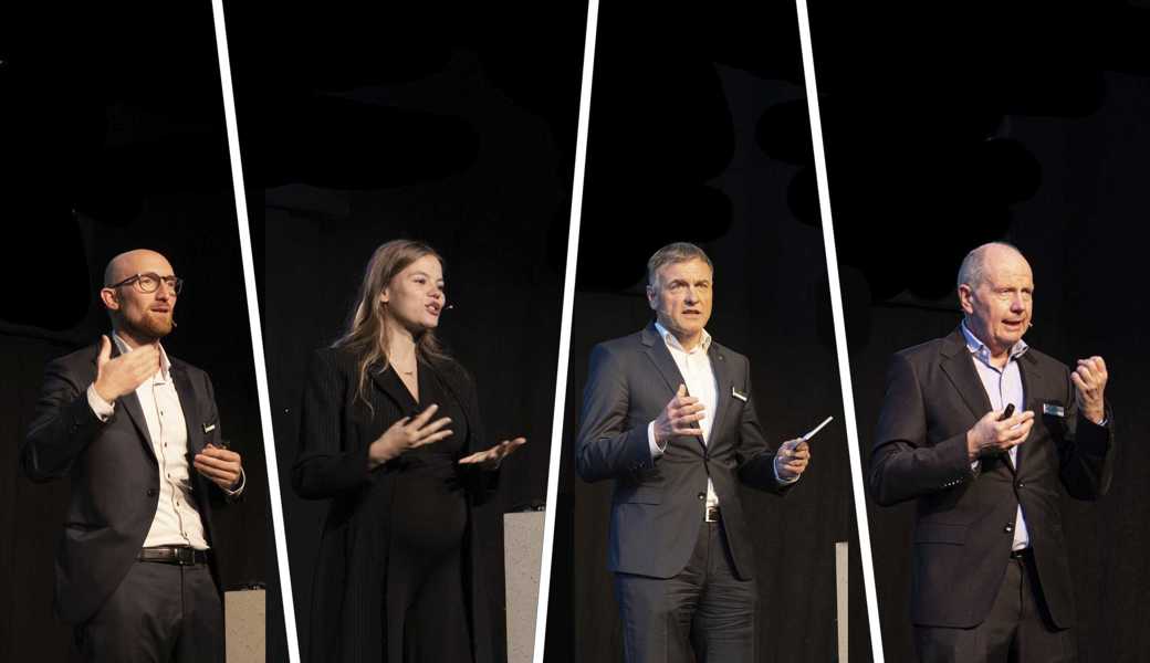 Referierten am Anlass der St. Galler Kantonalbank bei Blumen Keusch in Buchs: Konjunktur- und Finanzexperte Beat Schiffhauer , ZEAM-Mitgründerin Yaël Meier, Geschäftsführungsmitglied René Walser, Leiter Investment Center Thomas Stucki (von links) und Regierungsrat Marc Mächler (unten).