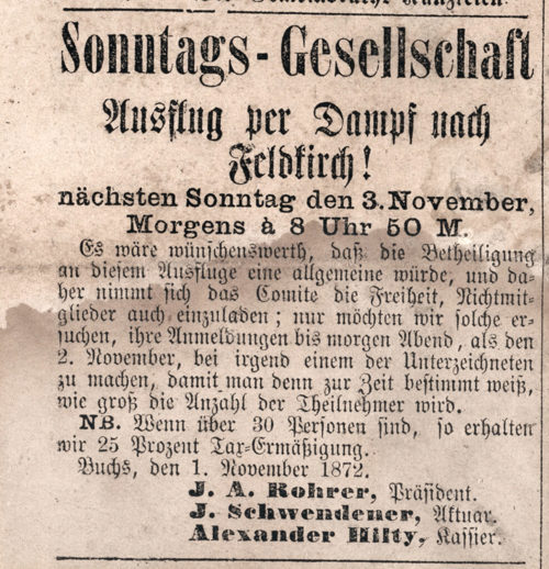  Einladung zum Ausflug mit der neuen Bahn: aus «Der Werdenberger, Allgemeiner Anzeiger» vom 2. November 1872.