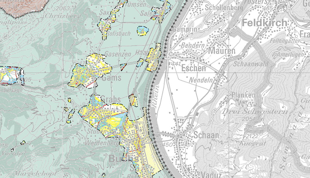Ausschnitt aus der Gefahrenkarte des Kantons fürs mittlere Werdenberg.