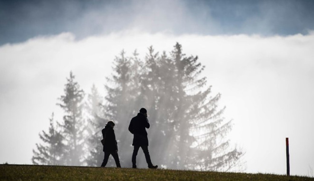 Zwei Menschen spazieren durch den Nebel auf dem hohen Hirschberg im Appenzellerland.