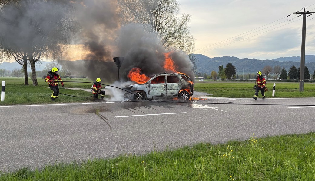 Die Feuerwehr beim Löschen des Feuers.