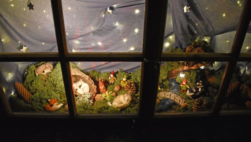 Gemütliche Szenen aus Filz und Moos beim Blick durchs Fenster an der Beuschenbüntstrasse 5.