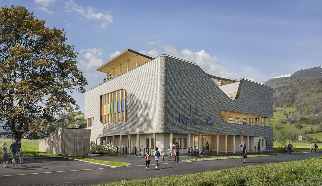 Visualisierung des Neubaus von «La Nave – Schule, die bewegt», der im Sommer 2024 fertig sein soll