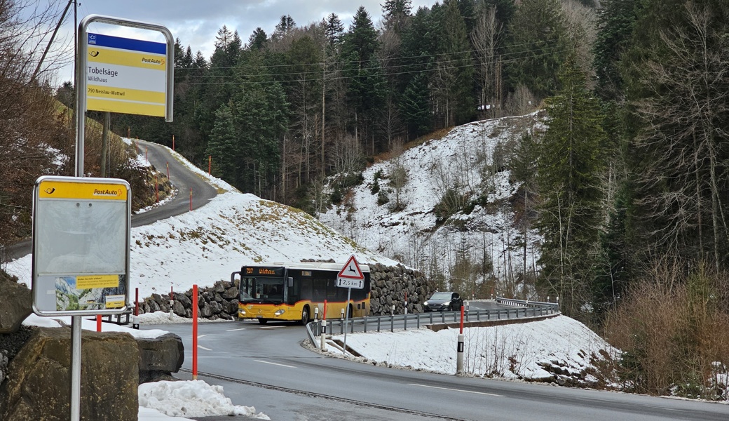 Die Postauto-Haltestelle «Wildhaus, Tobelsäge» wurde zum Fahrplanwechsel am 15. Dezember 2024 aufgehoben. Die Postautos fahren nun ohne zu halten vorbei.