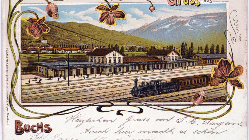  Postkarte «Gruss aus Buchs» mit Bahnhof um 1880.