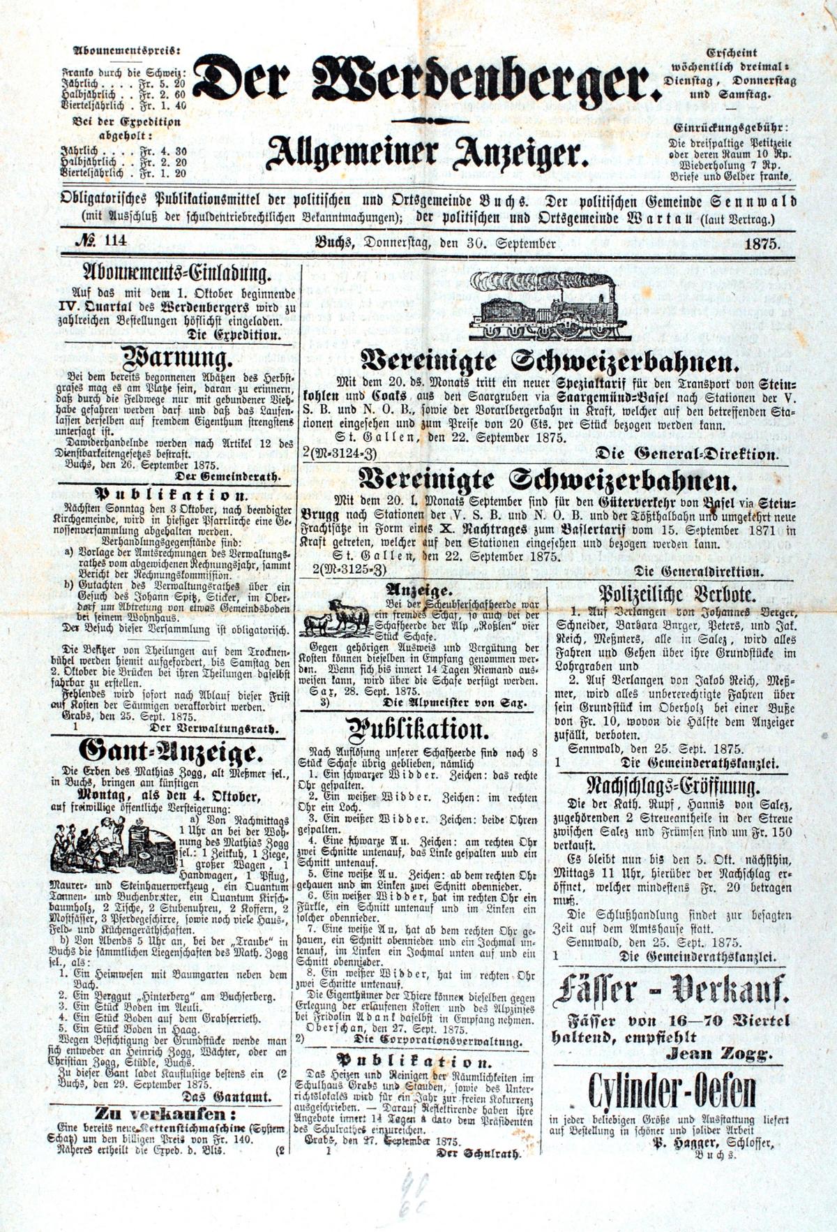«Gitzi zugelaufen mit Loch im Ohr»: Bekanntmachungen anno 1875