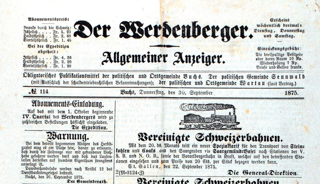 Frontseite des «Werdenberger, allgemeiner Anzeiger» vom 30. September 1875.