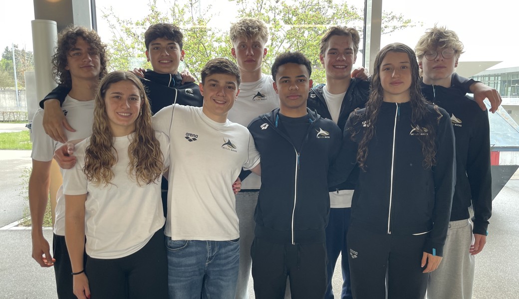 Enea Emanuele Ragazzo, Giovanna Bevivino, Amir Zargartou, Dario Radiceski, Levente Nagypal, Jafari Rene Juma, Lukas Strojny, Nola Menzi, Julian Diez (von links) schwammen an der Langbahn-Schweizer-Meisterschaft in Uster erfolgreich.