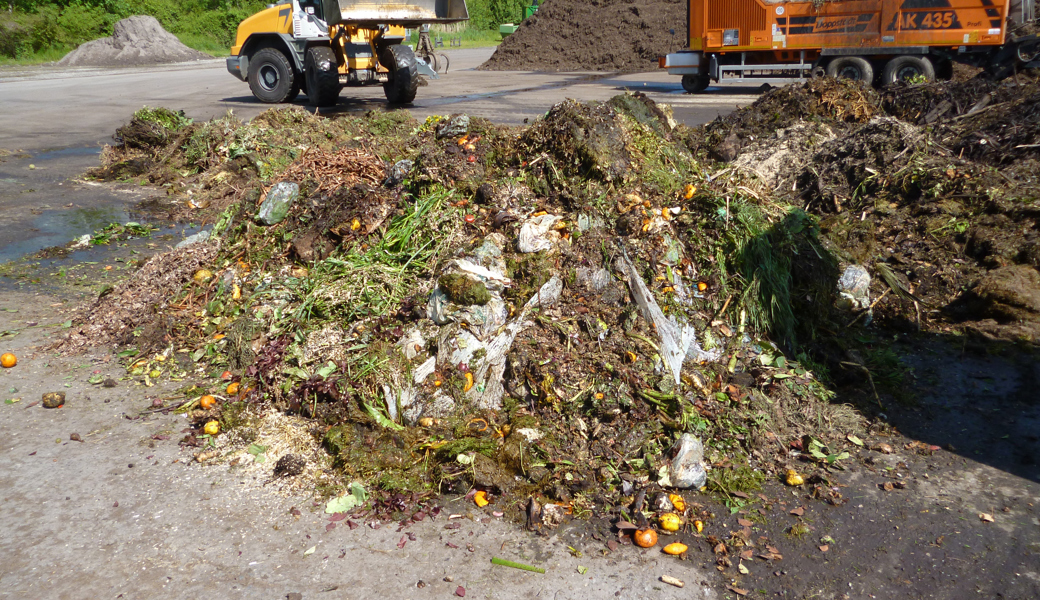 So sieht es aus, wenn Compobags in der Grünabfuhr landen. Sie haben eine zu lange Abbauzeit und landen letztlich im Kompost.