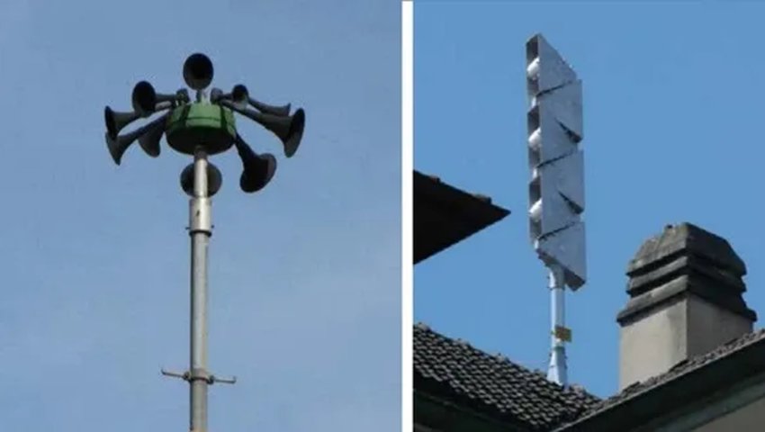 Diese Sirenen heulen bei Gefährdung: Links die pneumatische, rechts die elektronische Variante.