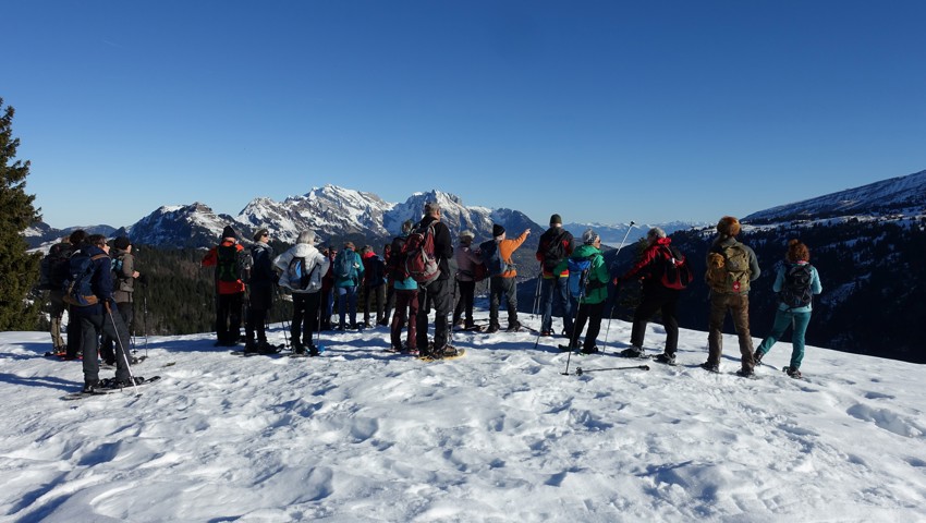 Die Wandergruppe geniesst den Blich auf die Churfirsten, Schafberg, Säntis und Stockberg.