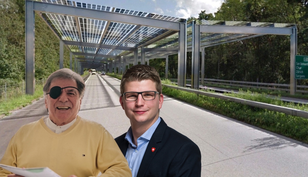 Paul Haltinner (links) will auf der Autobahn zwischen Oberriet und Buchs ein PV-Dach bauen - Mike Egger findet den Gedanken interessant.
