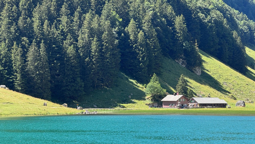 Augenzeugen berichten, dass der 19-Jährige im hinteren Teil des Seealpsees gefunden wurde. Hinten im Bild ist die Alp von Marie-Louise Zürcher. Dort haben die jungen Erwachsenen gezeltet. 