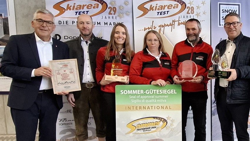Das Team der Hoher Kasten Drehrestaurant und Seilbahn AG nahm mit Freude die Auszeichnungen entgegen. V.l.n.r: Josef Schwaiger (Landesrat von Salzburg), Christian Müller (Geschäftsführer Team M2), Nina Ergens (Leiterin Marketing, HKDS), Sibylle Keller (Seilbahn-Mitarbeiterin, HKDS), Werner Gantenbein (Seilbahn-Mitarbeiter, HKDS), Jonny Dörig (Verwaltungsrats-Präsident, HKDS)