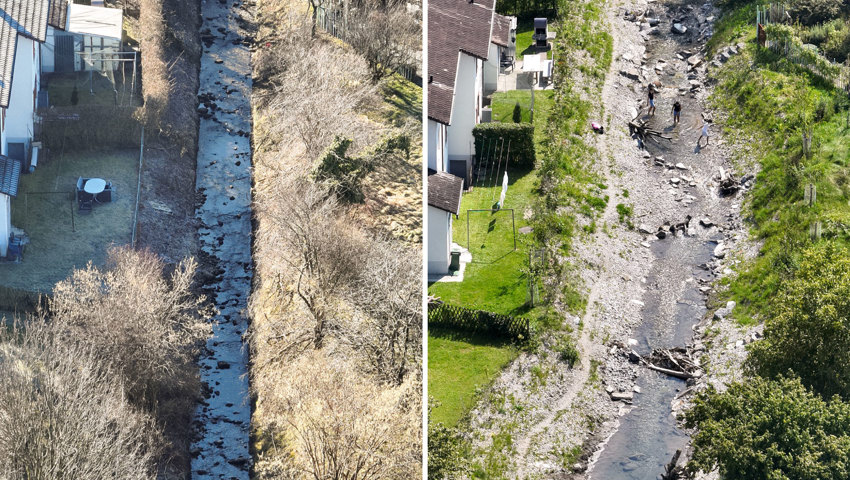 Vergleich des Sevelerbachs vor und nach der Revitalisierung.