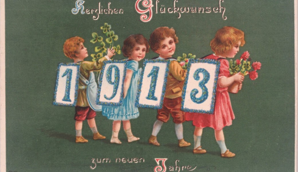  Neujahrswunsch 1913 mit niedlichem Sujet auf einer Postkarte. 