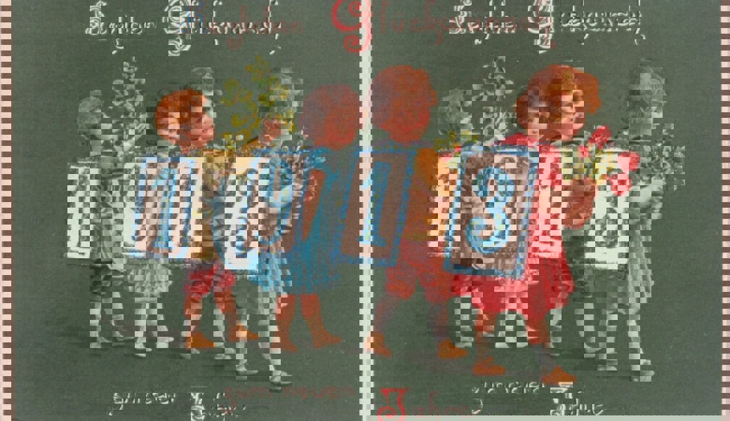  Neujahrswunsch 1913 mit niedlichem Sujet auf einer Postkarte. 