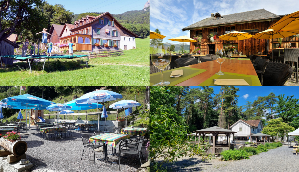 Die im neusten Land-Beizli-Guide aufgeführten Lokale in der W&O-Region (im Uhrzeigersinn, oben links beginnend): Berggasthaus Aufstieg Oberschan, ,«Gade» Unterwasser, «Treffpunkt Heuwiese» Weite, Restaurant Maiensäss Oberschan.