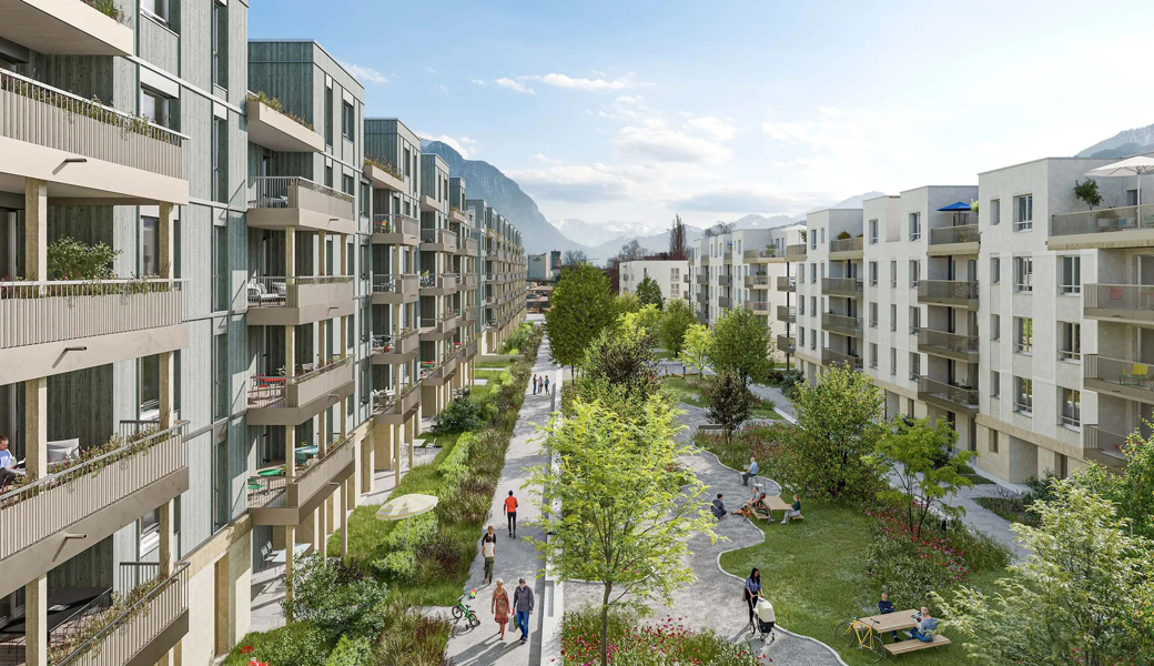 Grünflächen mit vielen Bäumen machen heisse Sommer erträglich. Die zurzeit entstehende Überbauung Rheincity neben dem Bahnhof Buchs zeigt, wie solche Parkanlagen aussehen können.