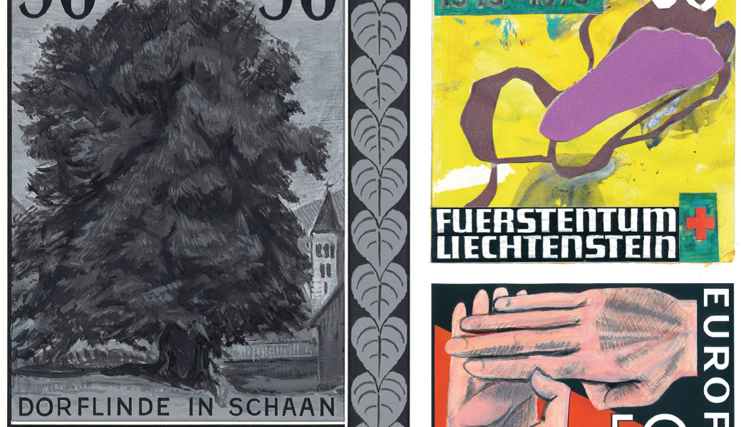 Originalentwürfe der «Dorflinde in Schaan», 1959; «Fussabdruck», 1975, und «Zwei Hände», 1962. 