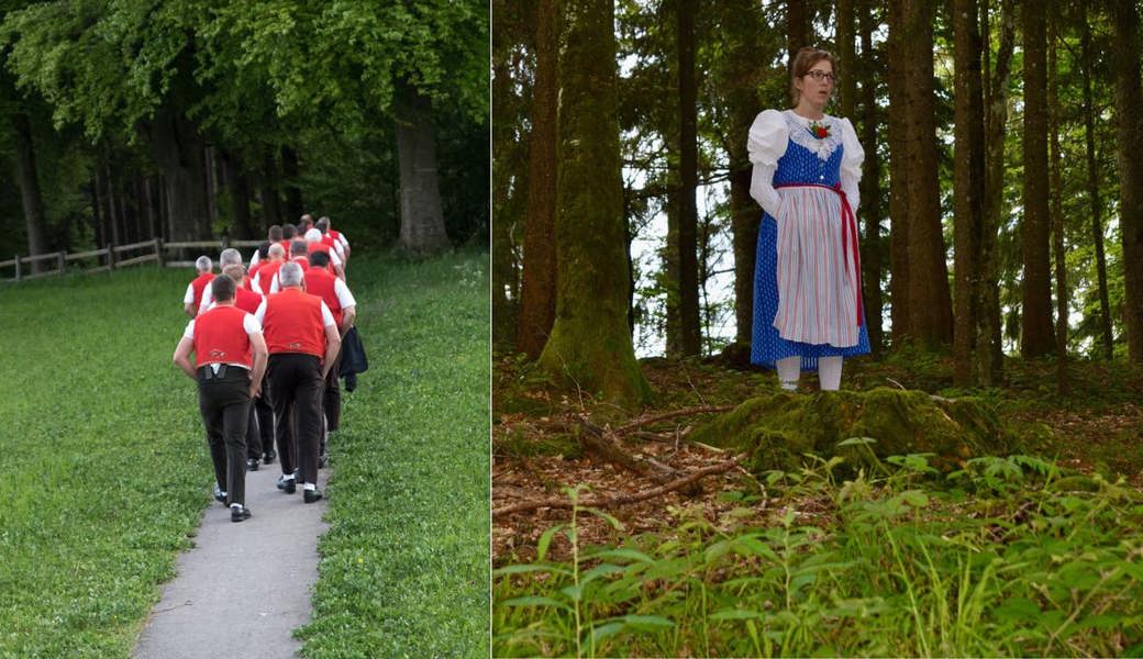 Männer-Jodelchörli in traditioneller Toggenburger Tracht (links) und Jodlerin, die im Rahmen des Projekts «Jodel So Lo» vom Roothuus Gonten beim Salomonstempel in Hemberg singt. 
