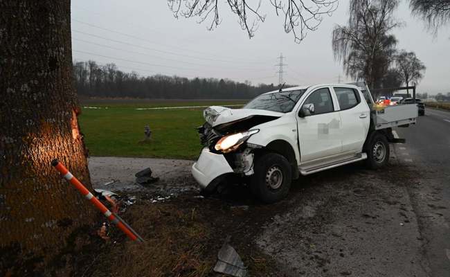 Mann fährt mit Lieferwagen in Baum