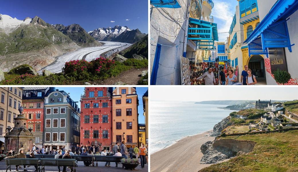 Dahin zieht es die sieben St.Galler Regierungsmitglieder in die Sommerferien: Riederalp, Hammamet, Cornwall und Stockholm (von oben links im Uhrzeigersinn).