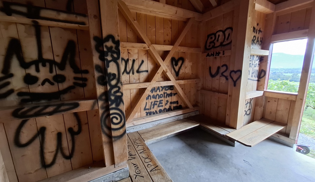 Von Sprayereien und Schmierereien sind immer mehr öffentliche und private Gebäude betroffen. Das Rebhüttli in Balgach sah im vergangenen Sommer so aus.