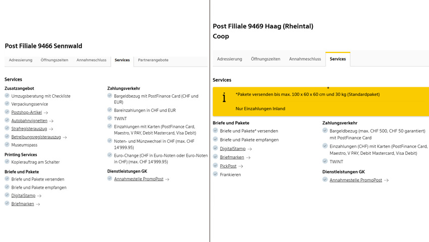 Das Angebot der Filialen mit Partnern wie Coop oder Volg (rechts) ist weniger umfangreich als das der eigenbetriebenen Filialen (links). 