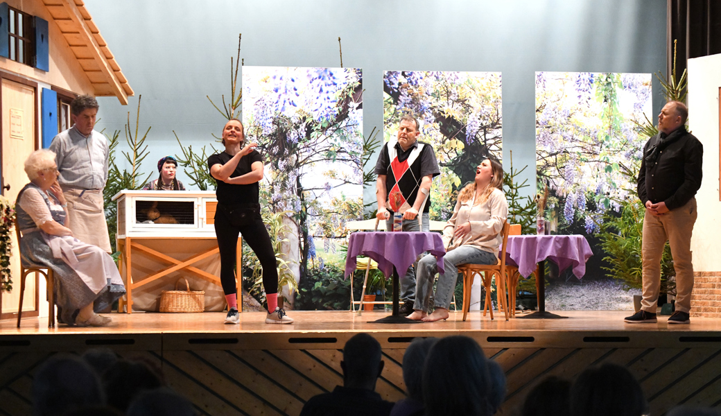 Szene im Lustspiel «Versuechskaninchen», hier mit allen Mitspielenden.